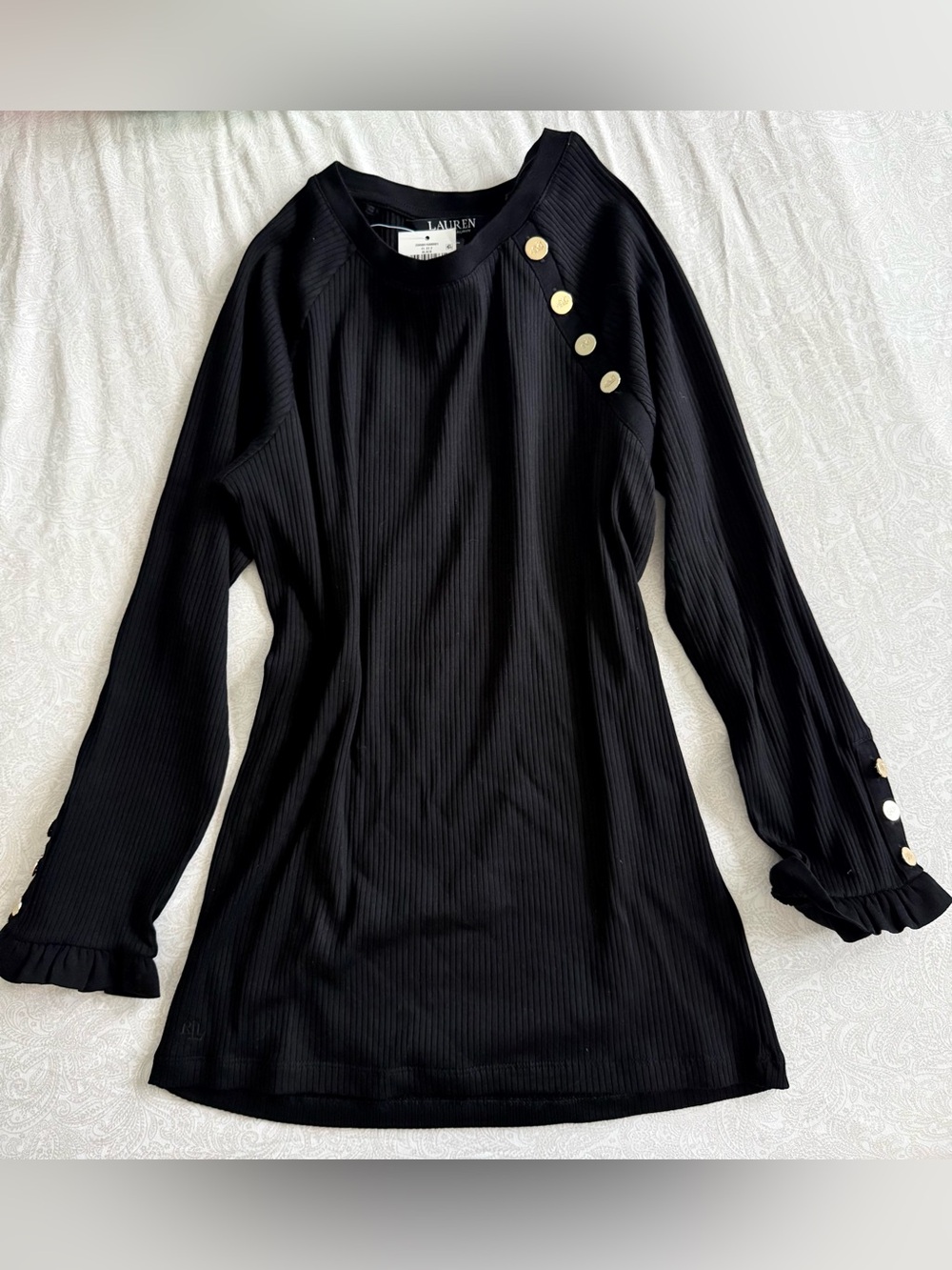 Lauren Ralph Lauren Black Ribbed Long Sleeve Top with Gold Button Detail
